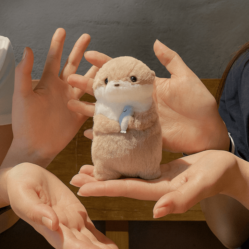 Mini peluche loutre avec son poisson dans les mains d'une fille Image