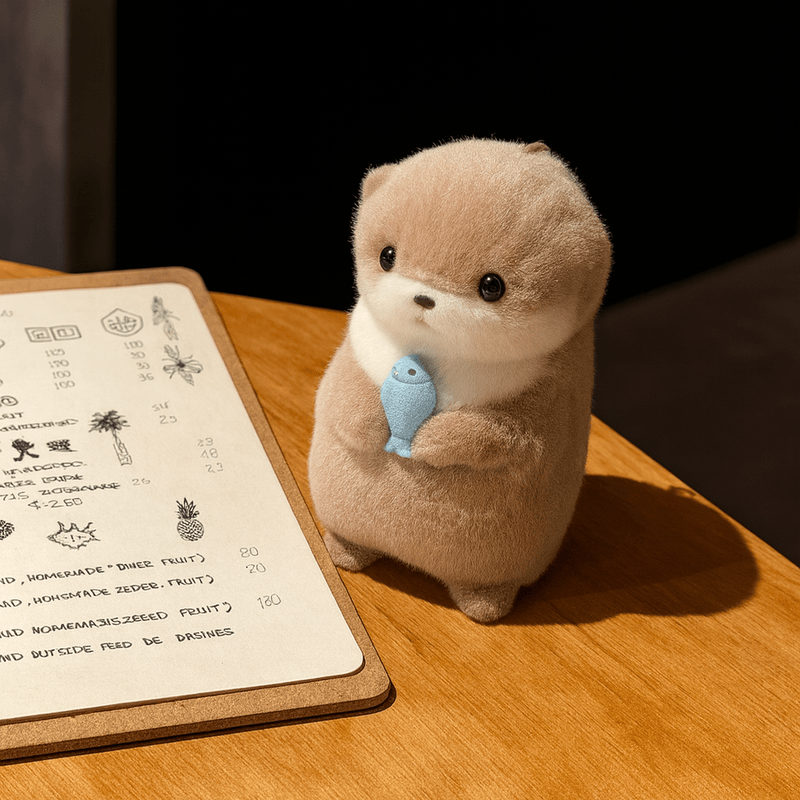 Mini peluche loutre avec son poisson sur une table dans un restaurant Image