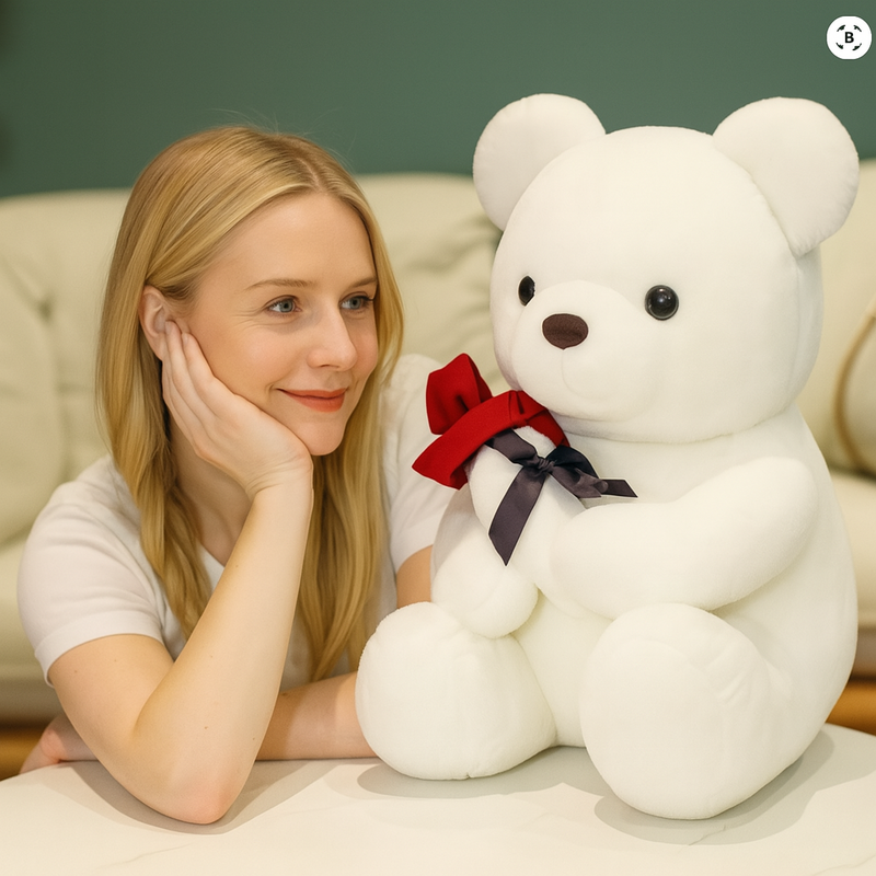 Ours marron en peluche avec une rose sur une table avec une fille le regardant Image