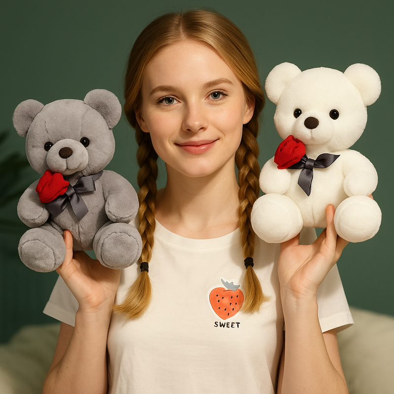 Deux ours en peluche avec une rose dans les mains d'une fille Image