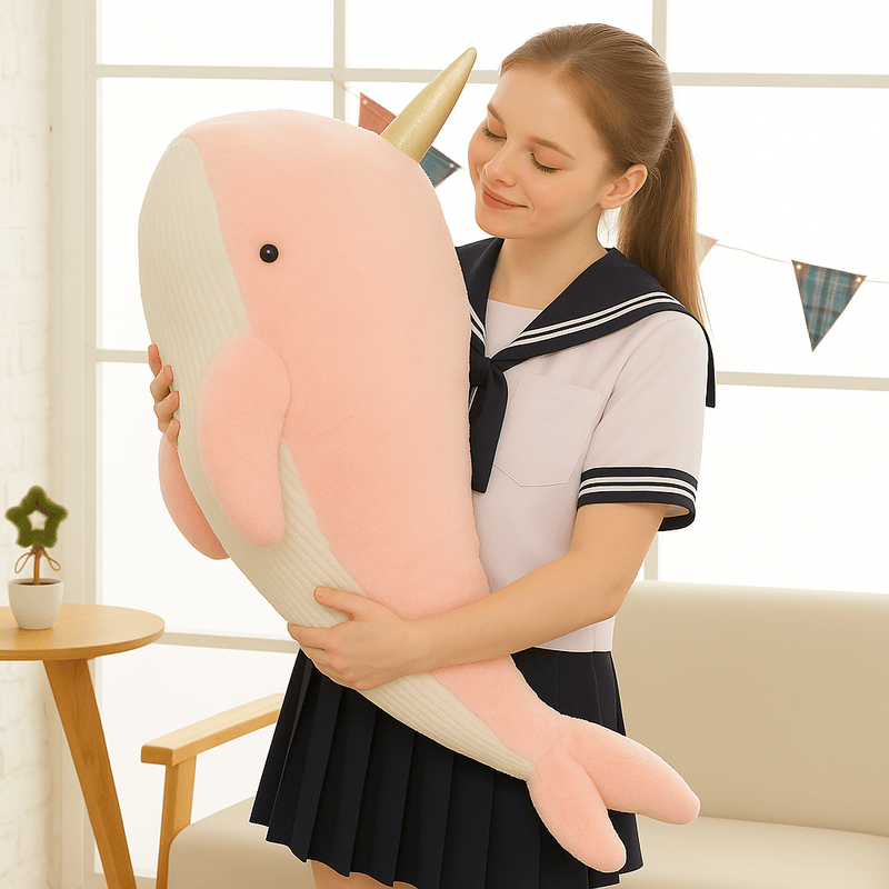 Peluche baleine licorne rose xxl dans les bras d'une fille Image