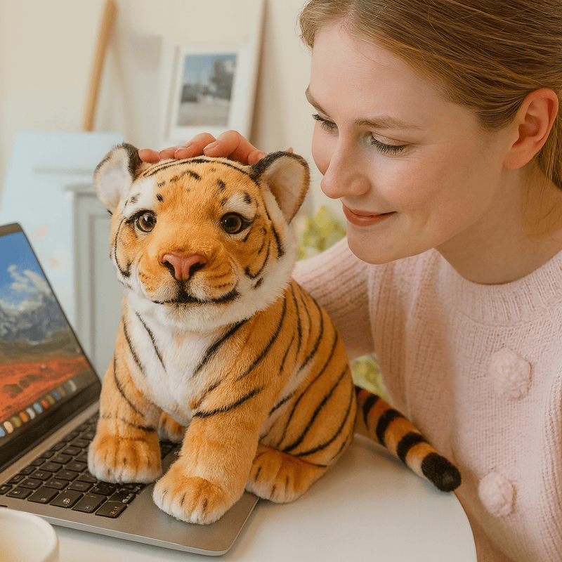 Peluche bébé tigre orange douce sur un ordinateur portable avec une fille  Image