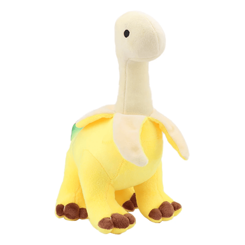 Peluche brontosaure en banane de face sur fond blanc