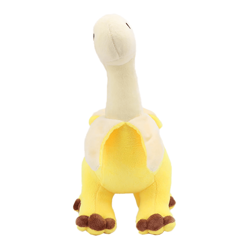 Peluche brontosaure en banane de face sur fond blanc