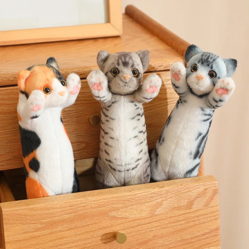 Trois peluches chats debout dans un tiroir Image