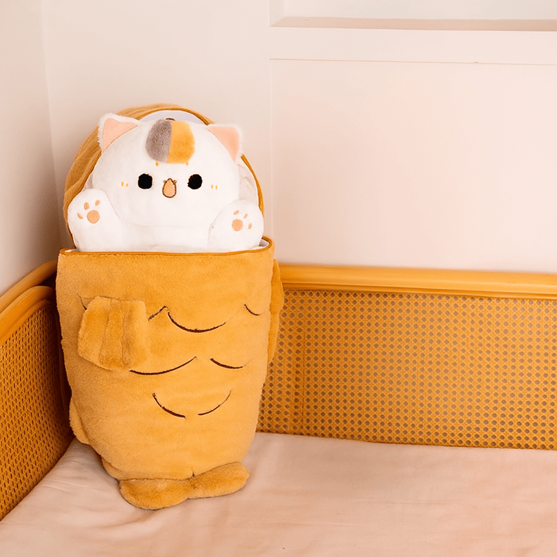 Peluche chat en Taiyaki dans le coin d'un lit 