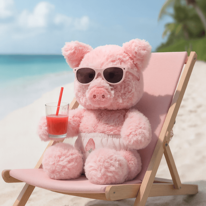 Peluche cochon corse sur un transat avec son cocktail Image