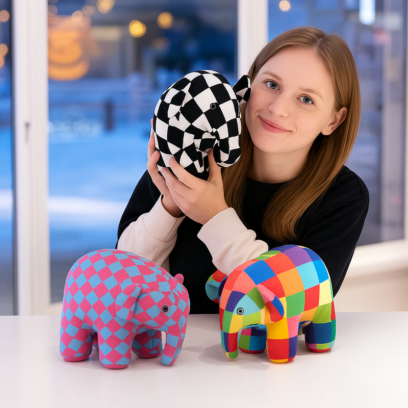 Trois peluches éléphant à carreaux sur une table et une peluche éléphant damier tenu par une fille Image