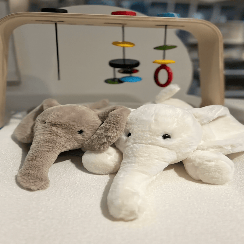Deux peluches élephants grise et blanche super douce sur une couverture en dessous d'un jouet pour enfant Image