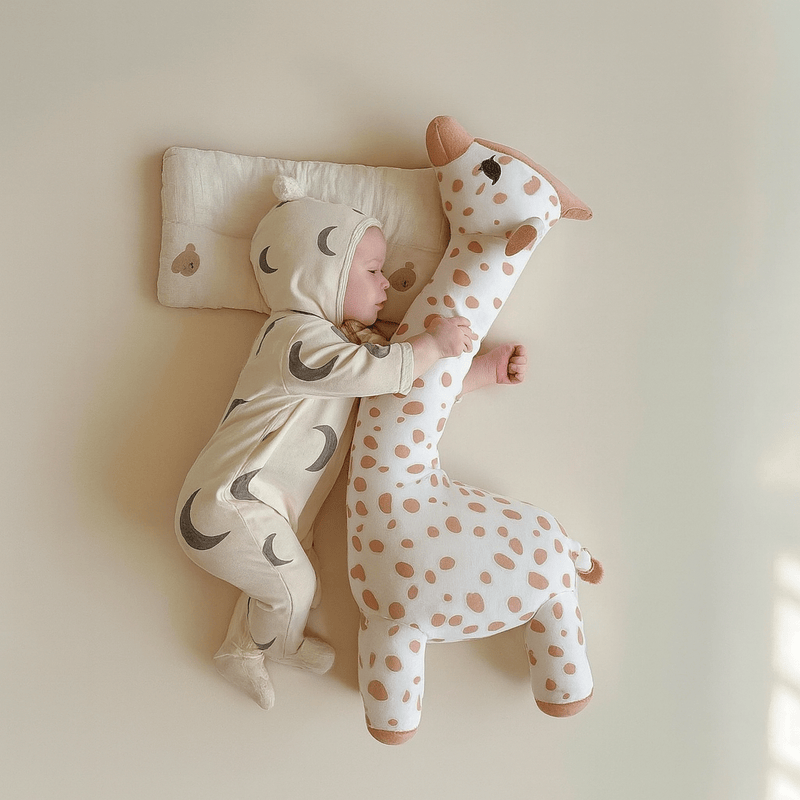 Peluche girafe blanche couché avec un bébé sur un oreiller