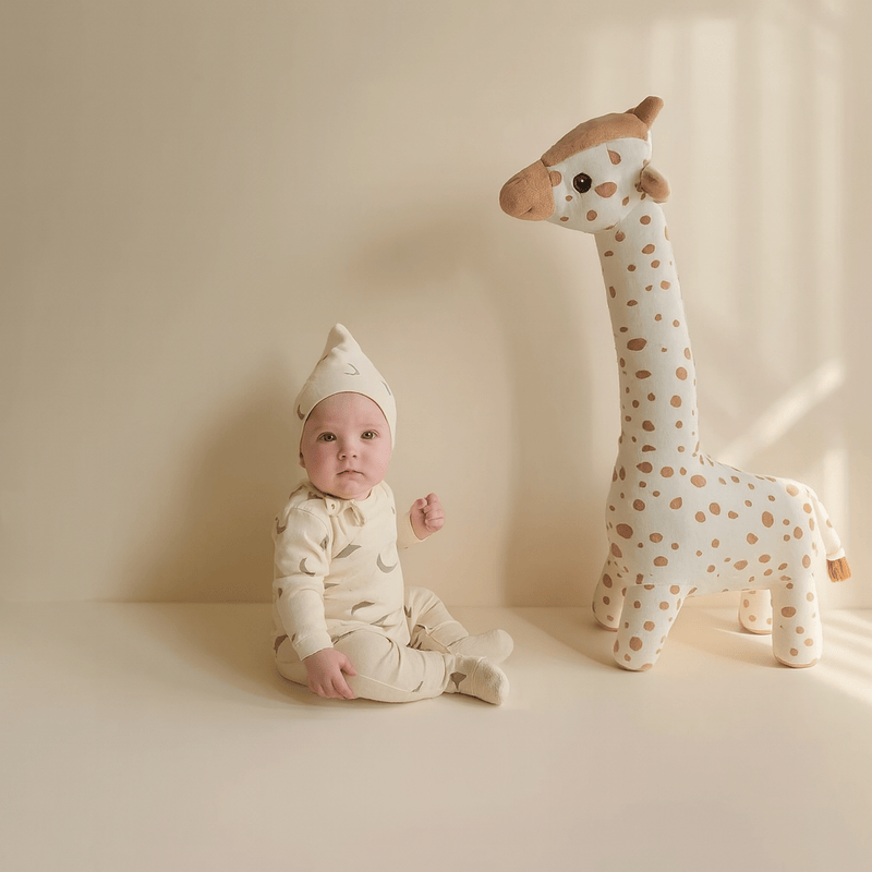 Peluche girafe blanche debout devant un bébé