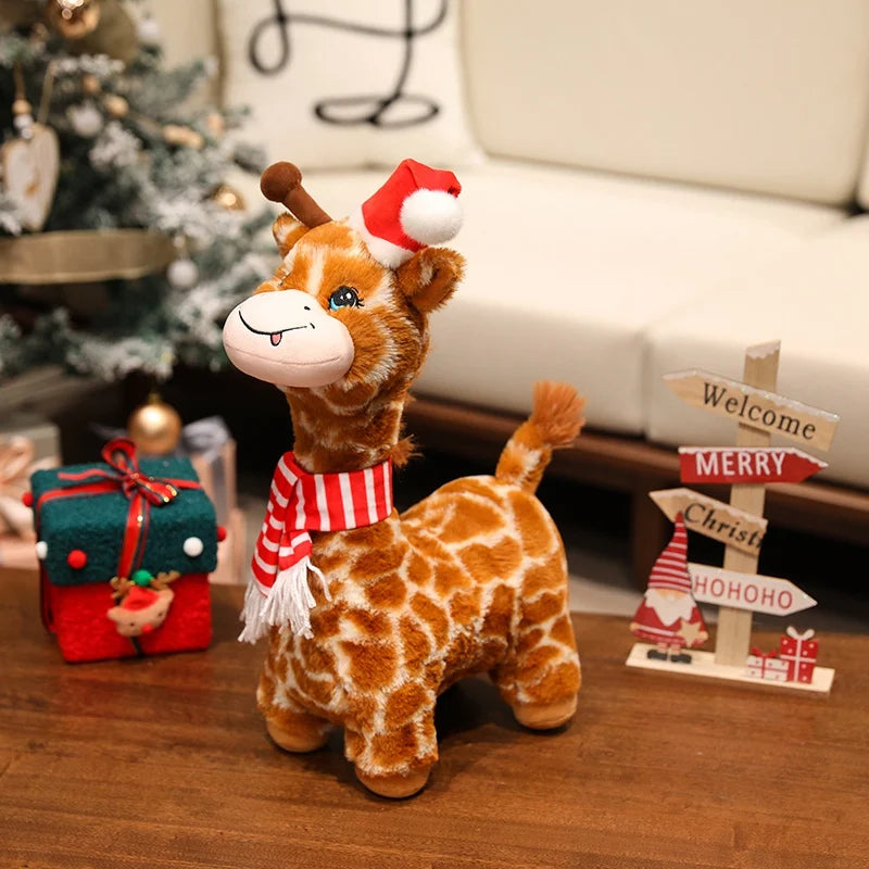 Une peluche girafe de noël sur une table avec de la décoration de noël et un cadeau Image