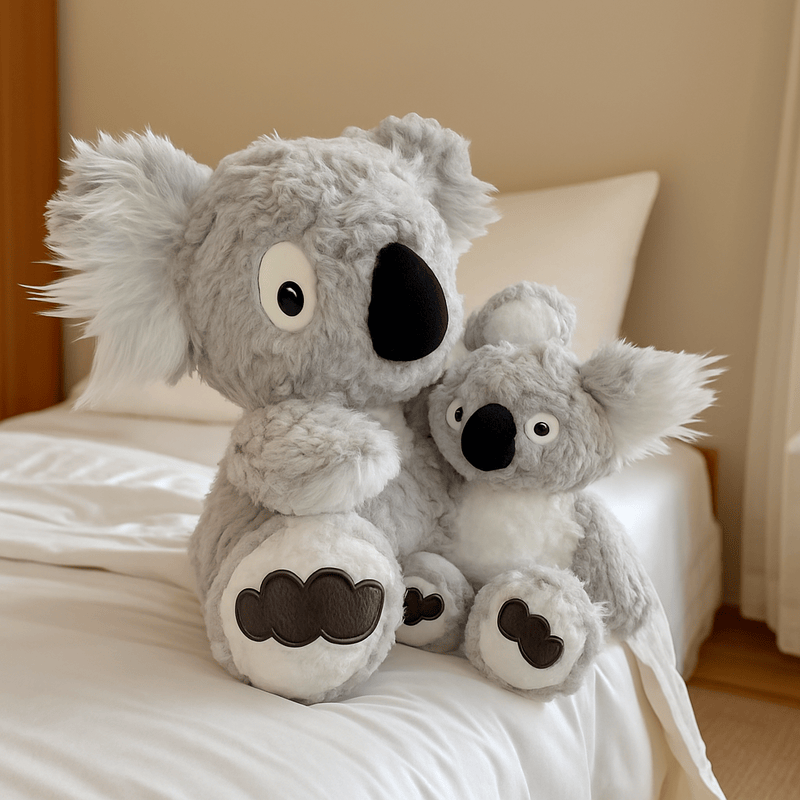 Deux peluches koala au réveil sur un lit Image