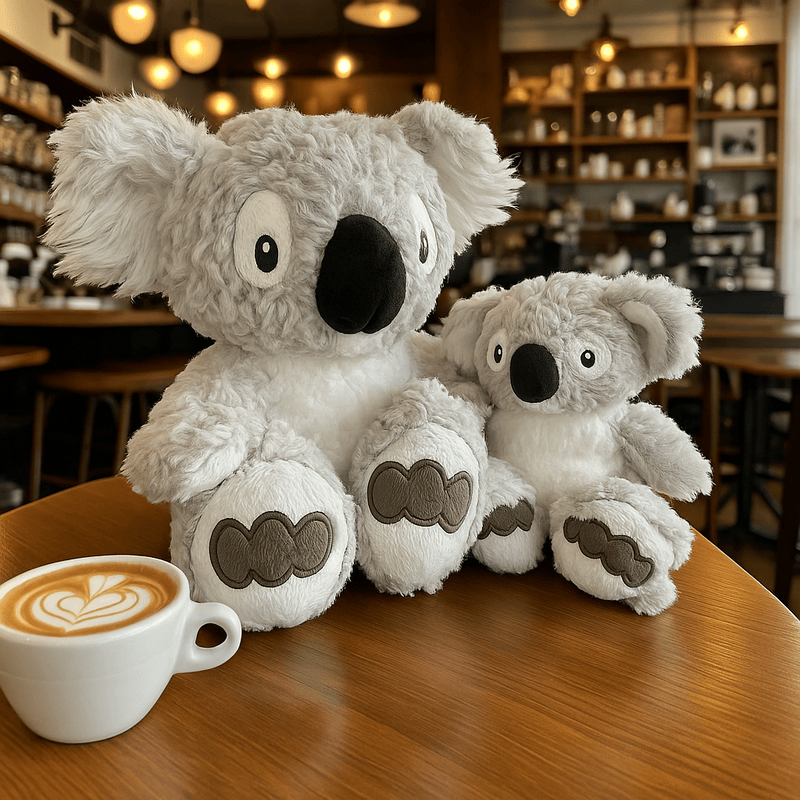 Deux peluches koala au réveil sur une table dans un café Image