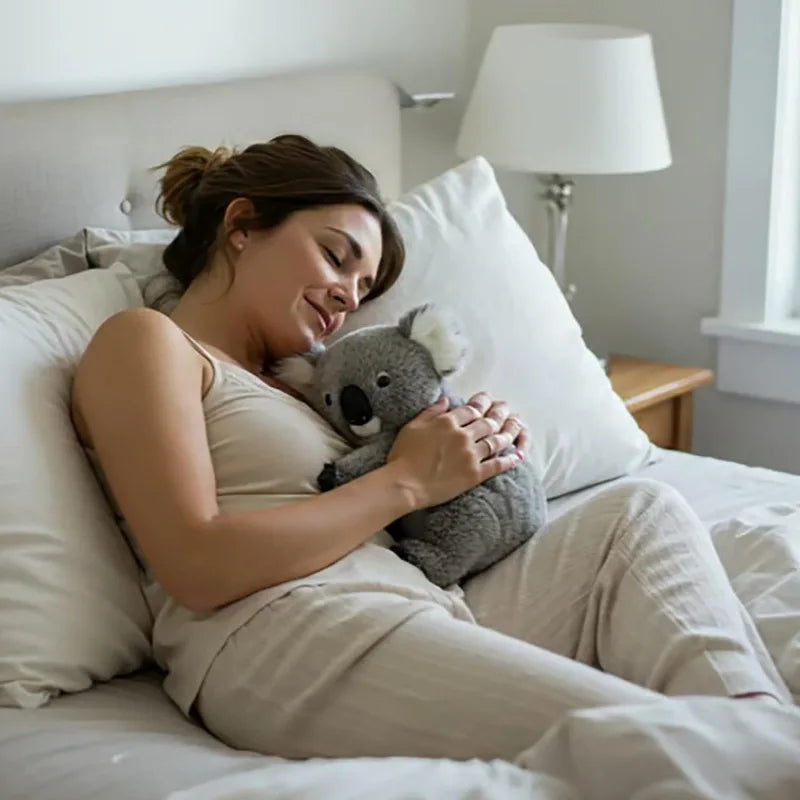 Peluche koala réaliste dans les bras d'une femme endormi dans un lit Image