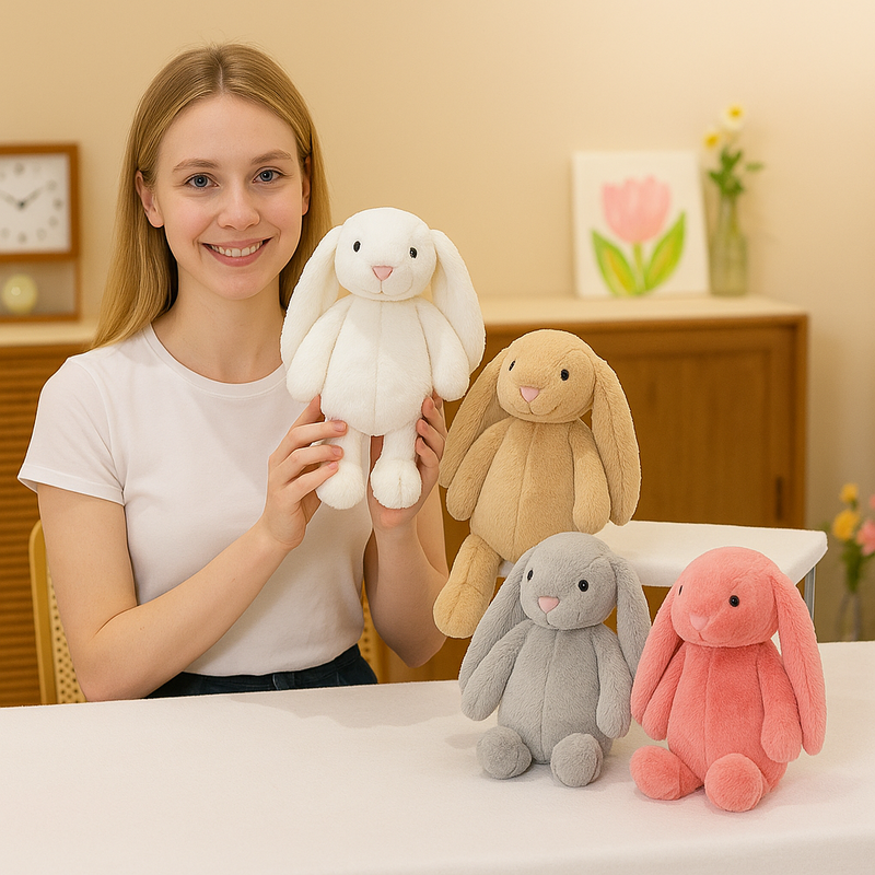 Quatre peluches lapins colorer à longues oreilles sur une table avec une fille Image