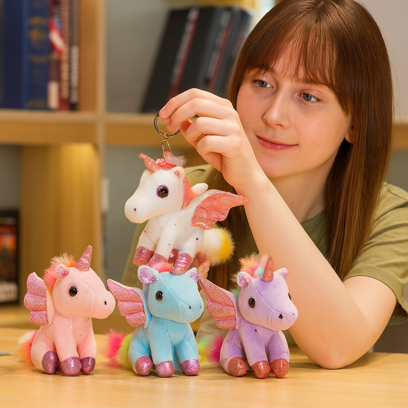 Quatre peluches licornes ange avec une fille sur une table Image