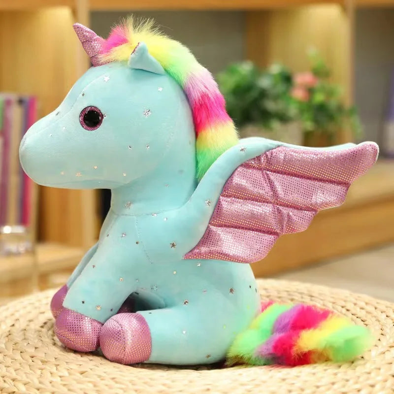 Peluche licorne bleue ange sur un panier en osier