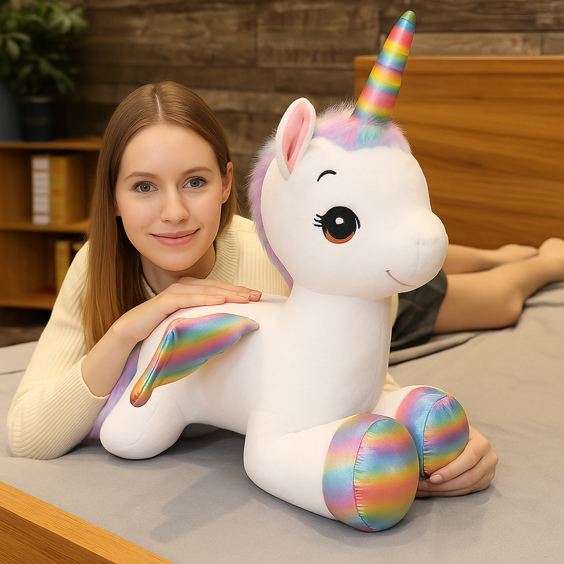 Peluche licorne arc-en-ciel sur un lit avec une fille Image
