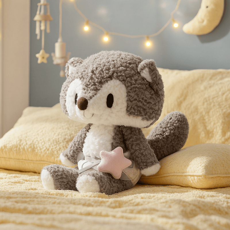 Peluche loup de conte de fées sur lit Image