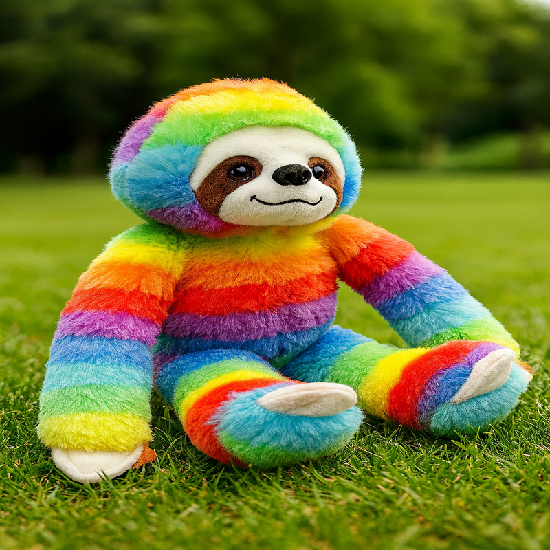 Peluche paresseux arc-en-ciel sur une pelouse Image