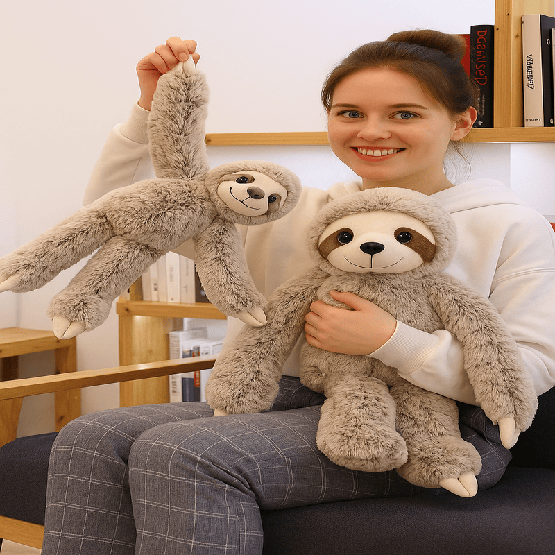 Deux peluches paresseux dans les bras d'une fille assise dans un canapé Image