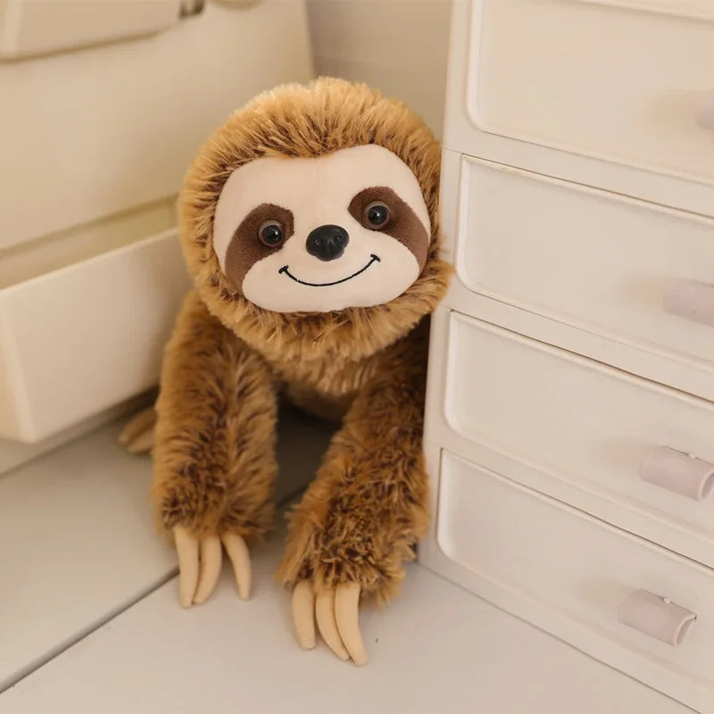 Peluche paresseux brun heureux caché derrière un meuble
