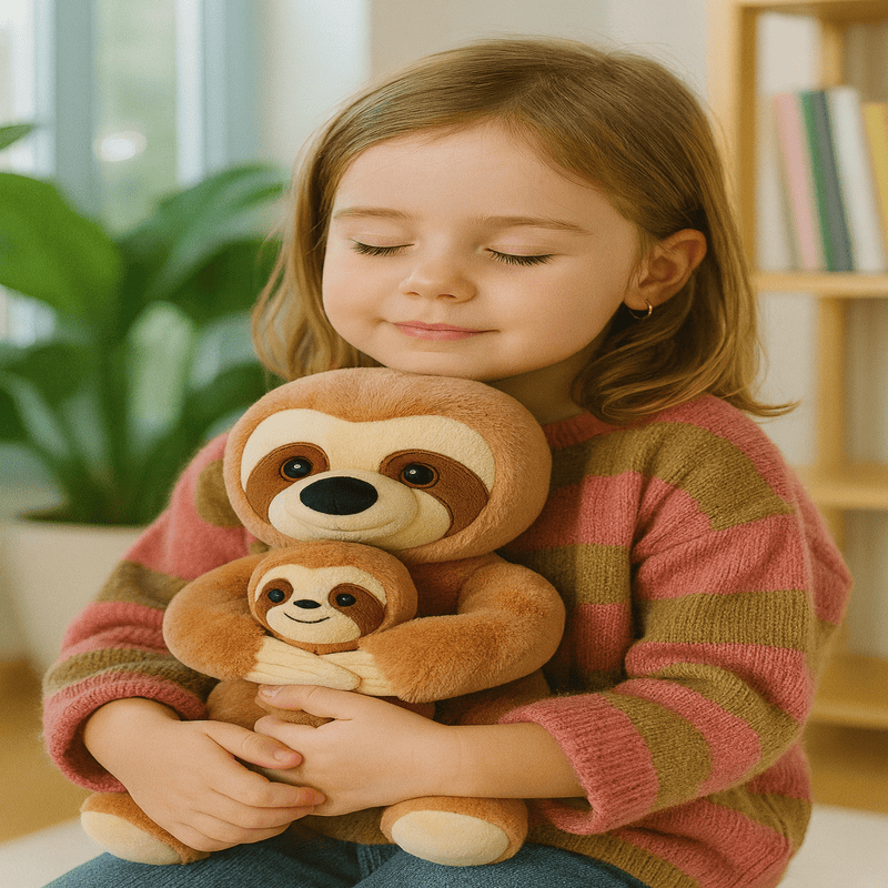 Peluche paresseux mère et fils tenu par une fille dans ses bras  Image