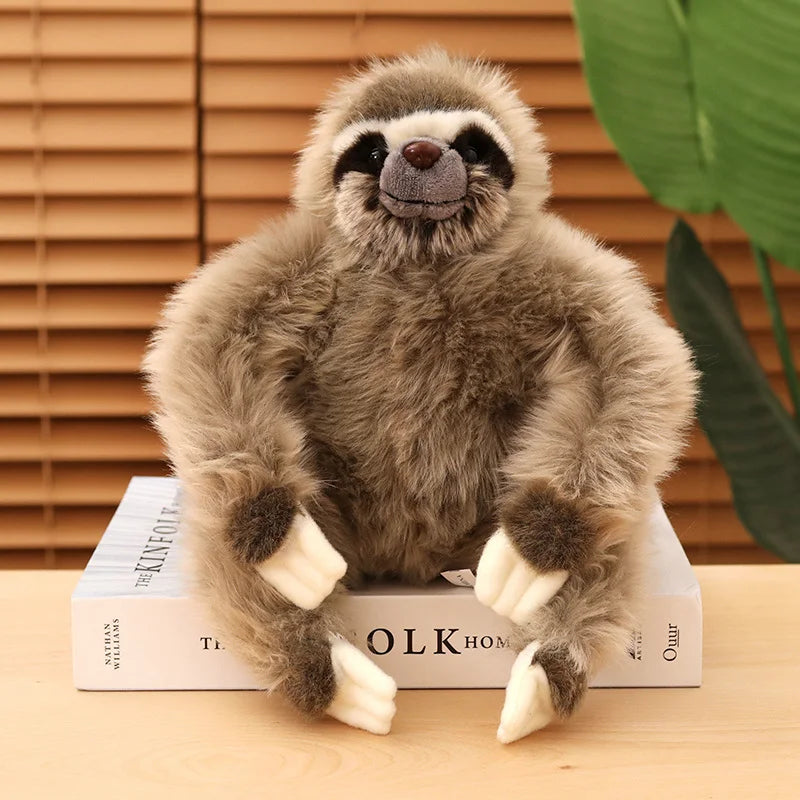 Peluche paresseux réaliste sur un livre