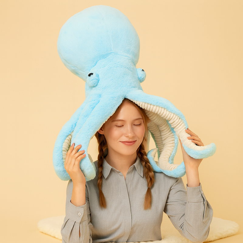 Peluche pieuvre douce bleue sur la tête d'une fille Image