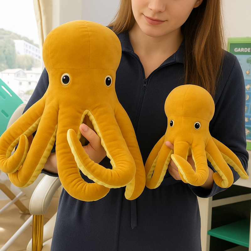 Deux peluches pieuvre jaune dans les mains d'une fille Image