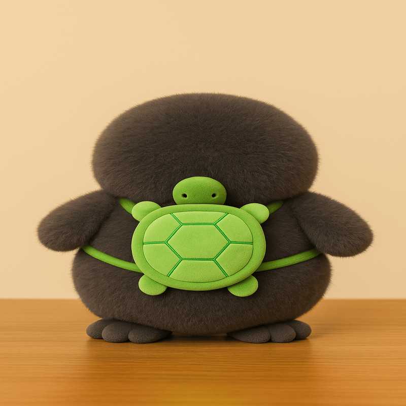 Peluche pingouin avec un sac à dos vert sur une table