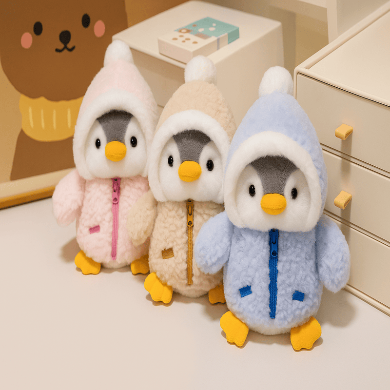 Trois peluches pingouins avec une doudoune sur une table Image