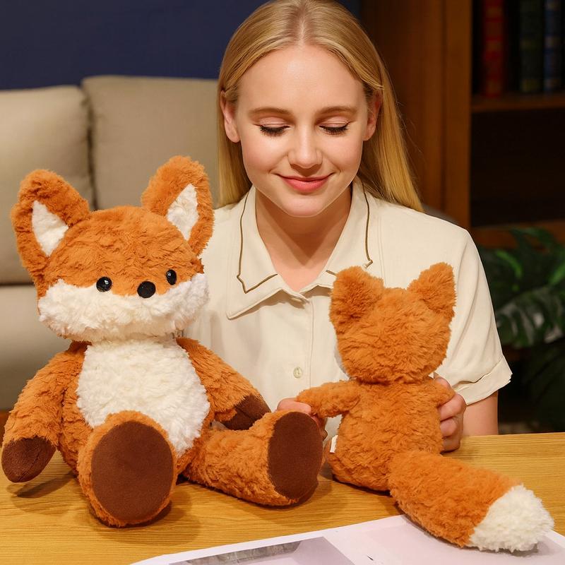 Deux peluches renards mignonne jouant avec une fille sur une table en bois