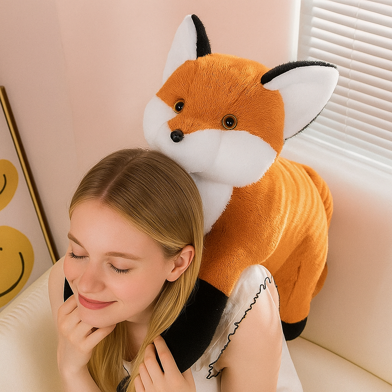 Peluche renard réaliste sur la tête d'une fille Image