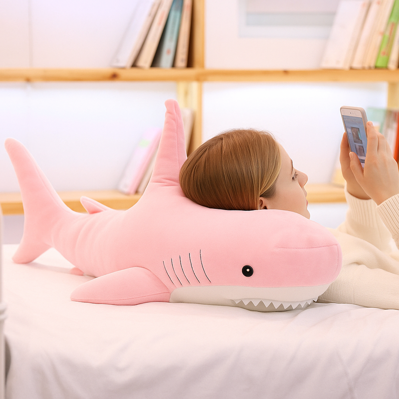Peluche requin rose sur un lit avec la tête d'une fille dessus