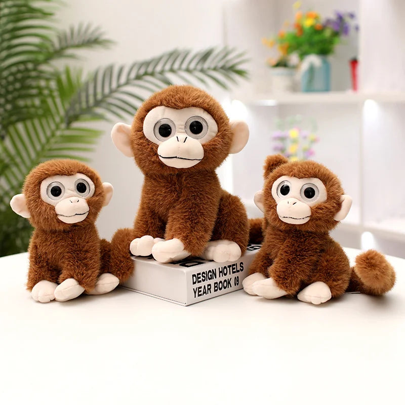 Trois peluches singes aux gros yeux assis sur une table et un assis sur un livre