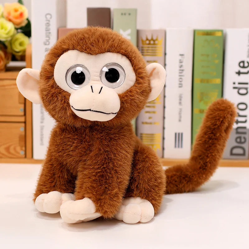Peluche singe aux gros yeux assis devant une bibliothèque