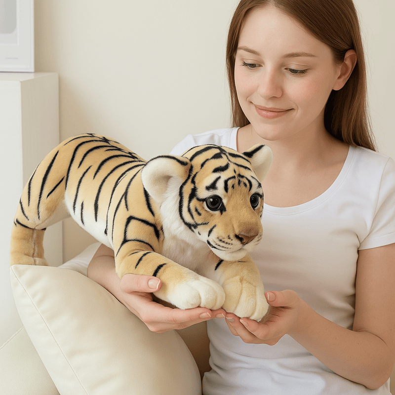 Peluche tigre beige tenue par une fille Image