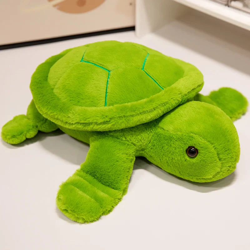 Peluche tortue colorée verte sur un meuble blanc