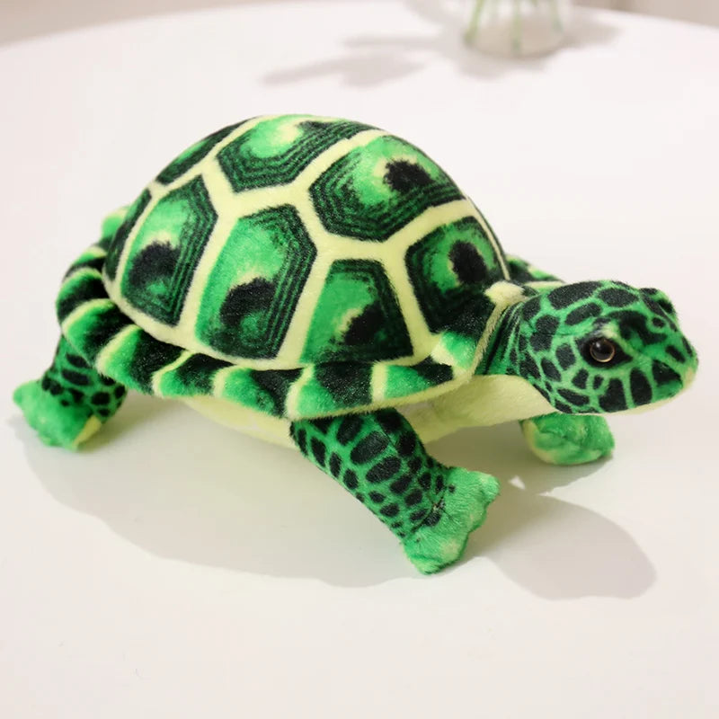 Peluche tortue écailles verte sur un bureau blanc