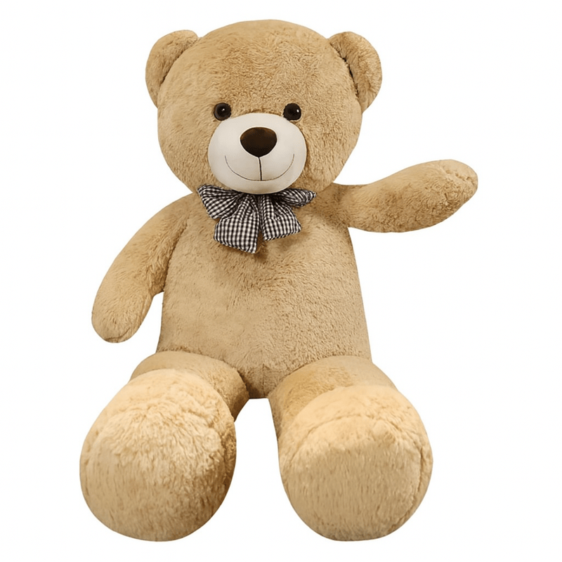 ours beige en peluche géante avec noeud papillon sur un fond blanc