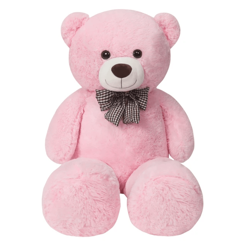 ours rose en peluche géante avec noeud papillon sur un fond blanc